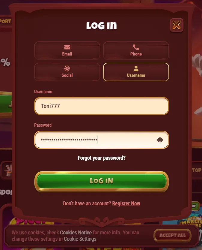 Magius Casino login form